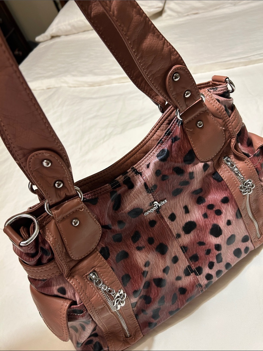 Angel Kiss Leopard-Print Brown Shoulder Bag with Silver Accents